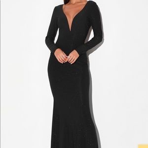 Lulus - Glamorous in Glitter Black Long Sleeve Backless Maxi Dress - Size XS